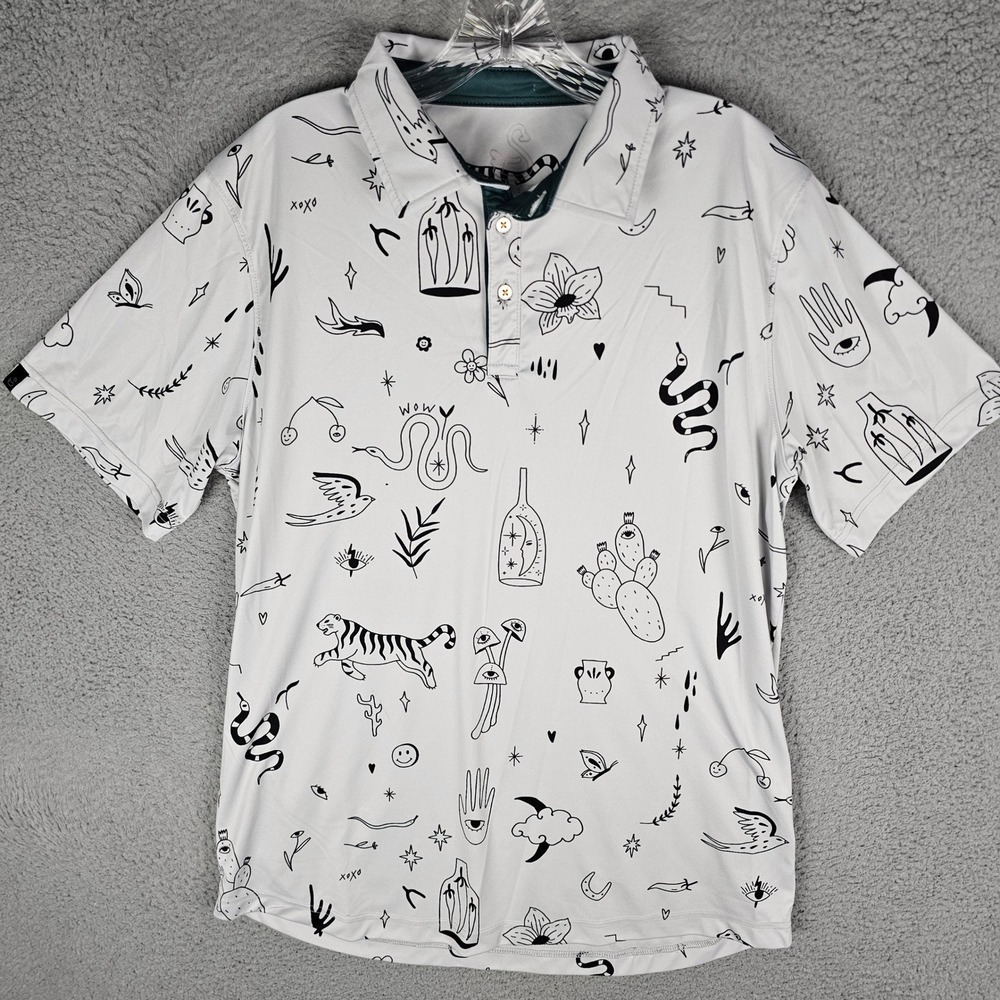 Swannies Polo Mens Large White Doodle Print Short Sleeve Golf Shirt 028580
